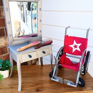 AMERICAN GIRL DOLL TEENY LIGHTED VANITY/AG WHEELCHAIR/AG WOODEN HAIRBRUSHES